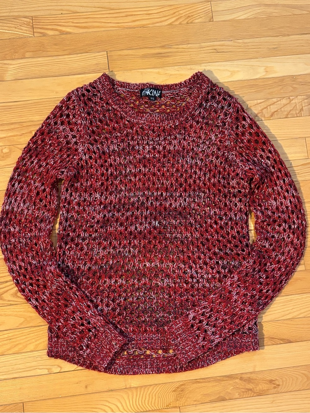 Kina Fall Open-Knit Marled Red Crewneck Sweater